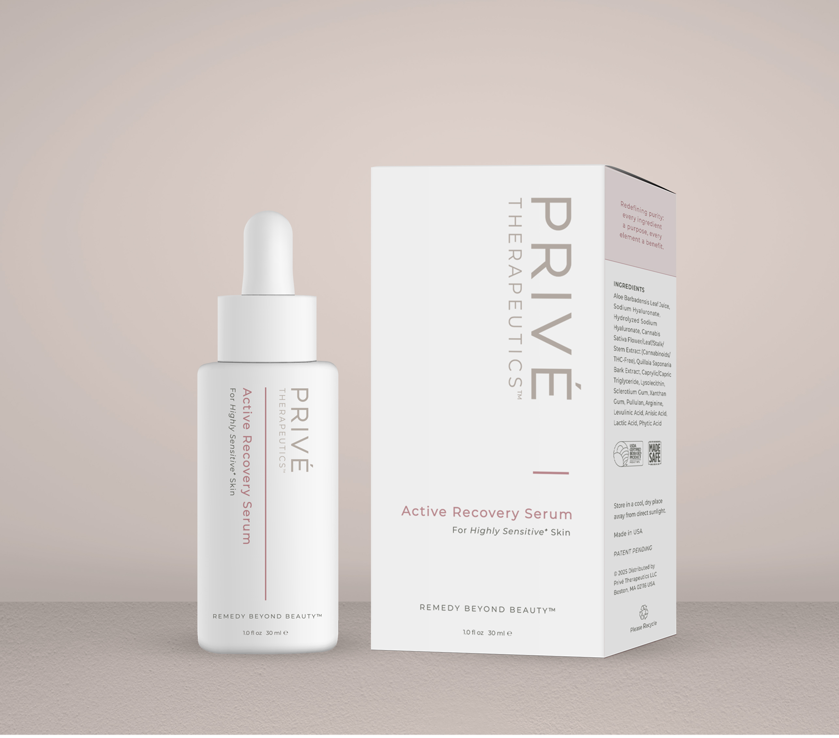 PRIVÉ THERAPEUTICS Active Recovery Serum bottle with box packaging